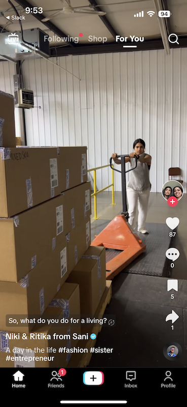 A TikTok video from Sani. One of the founders tries to pull a load of boxes inside their warehouse.