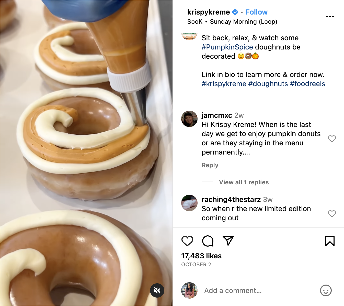 A Krispy Kreme Instagram Reel showing how to make their new limited edition pumpkin spice doughnut. There are several comments asking about the availability of the new product.