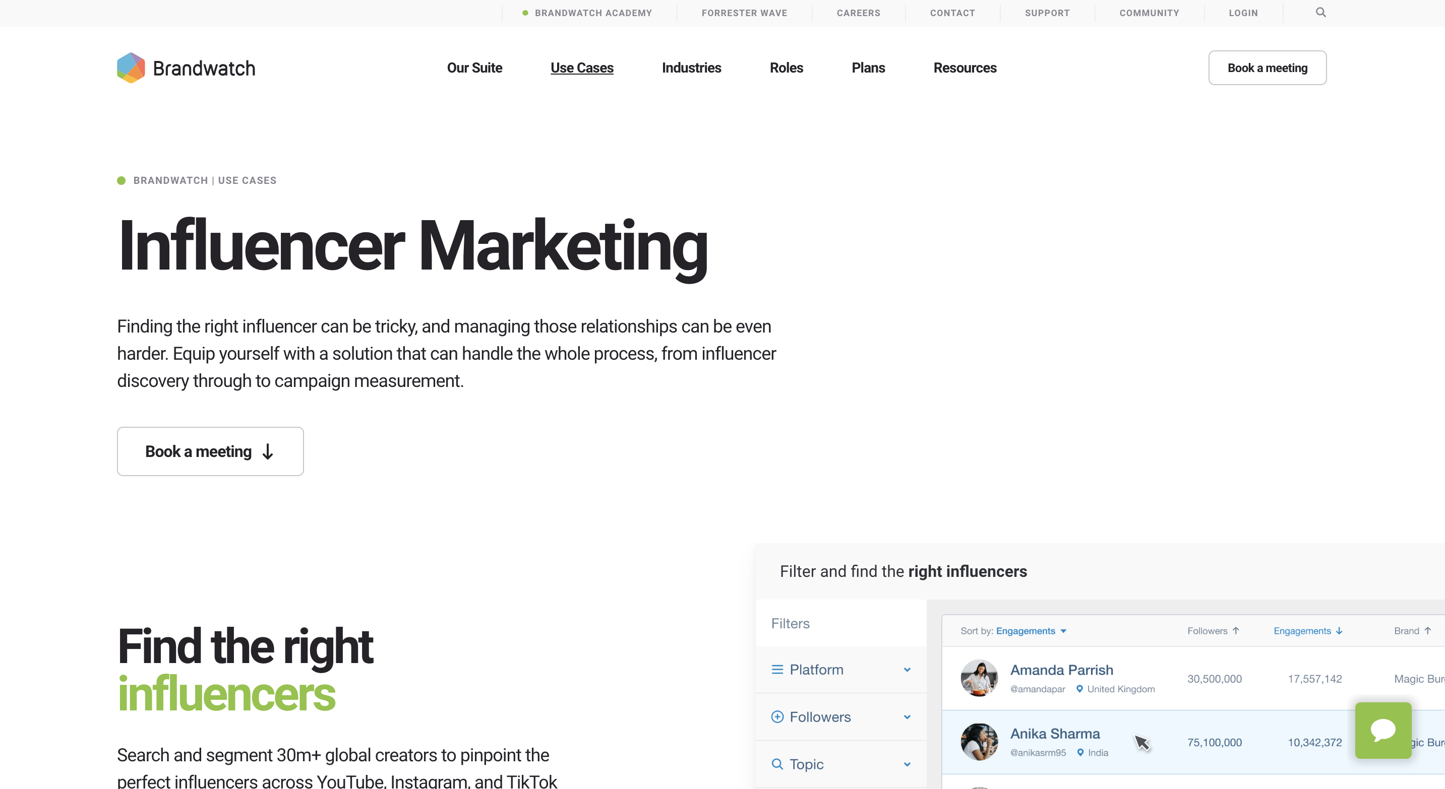 A screenshot of Brandwatch's influencer marketing page