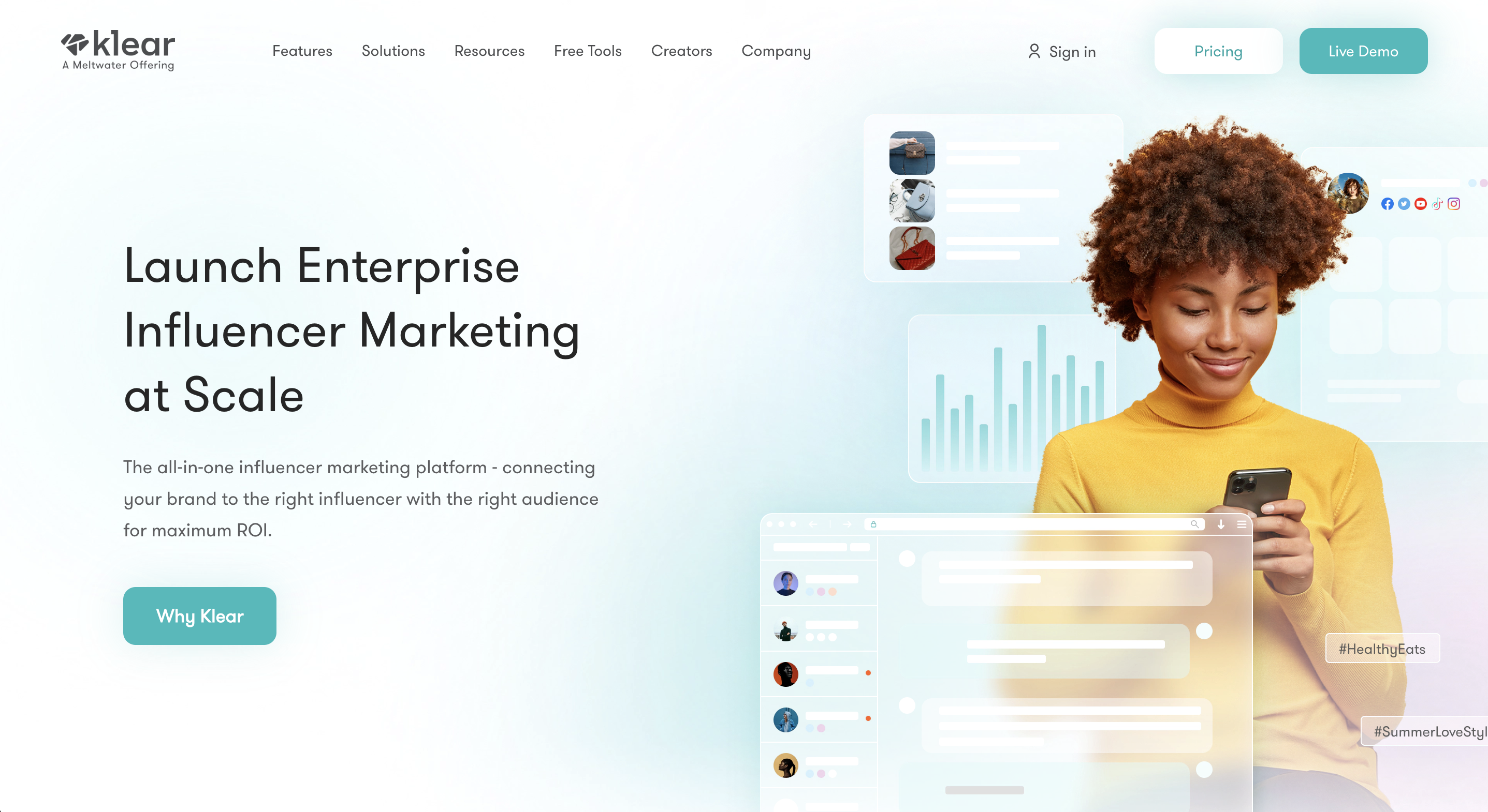 A screenshot of influencer marketing platform Klear's website