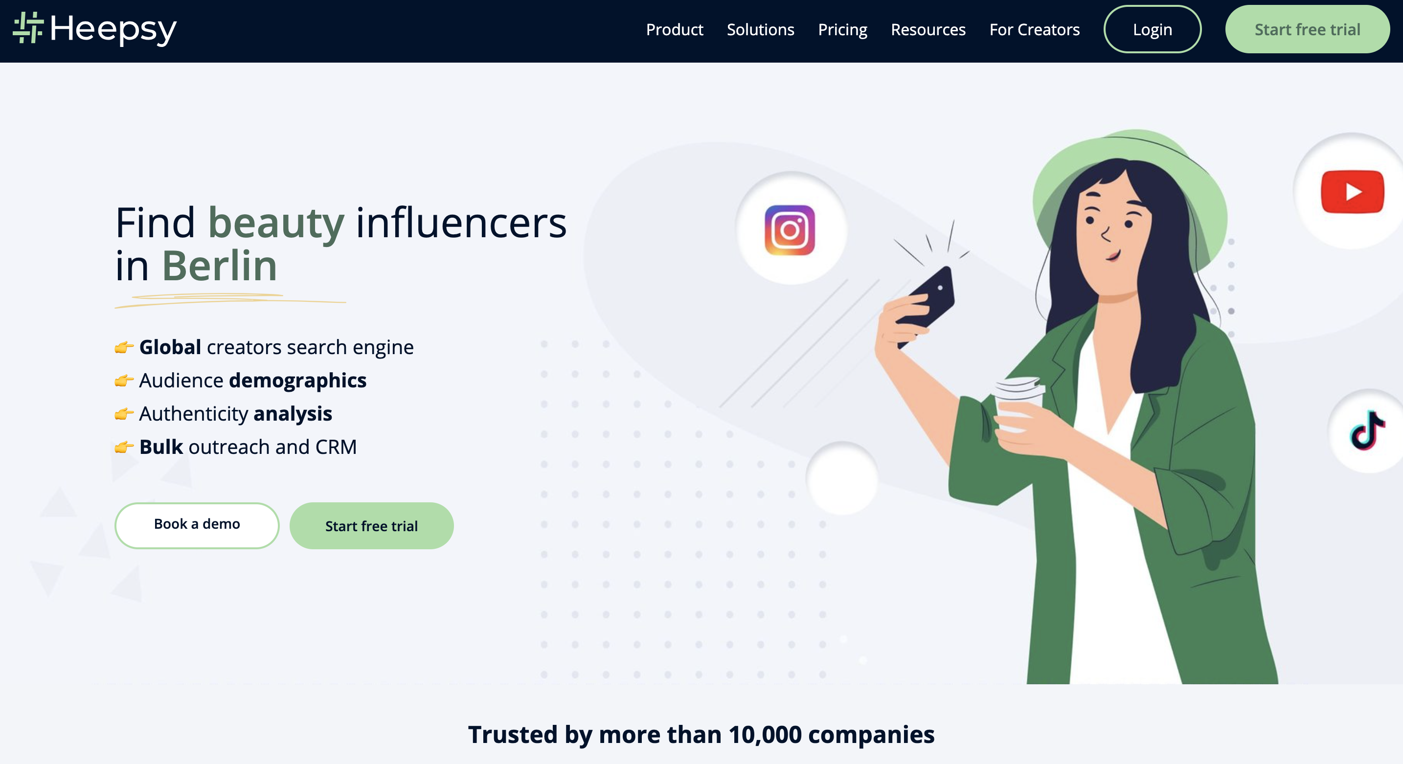 A screenshot of influencer marketing platform Heepsy's website