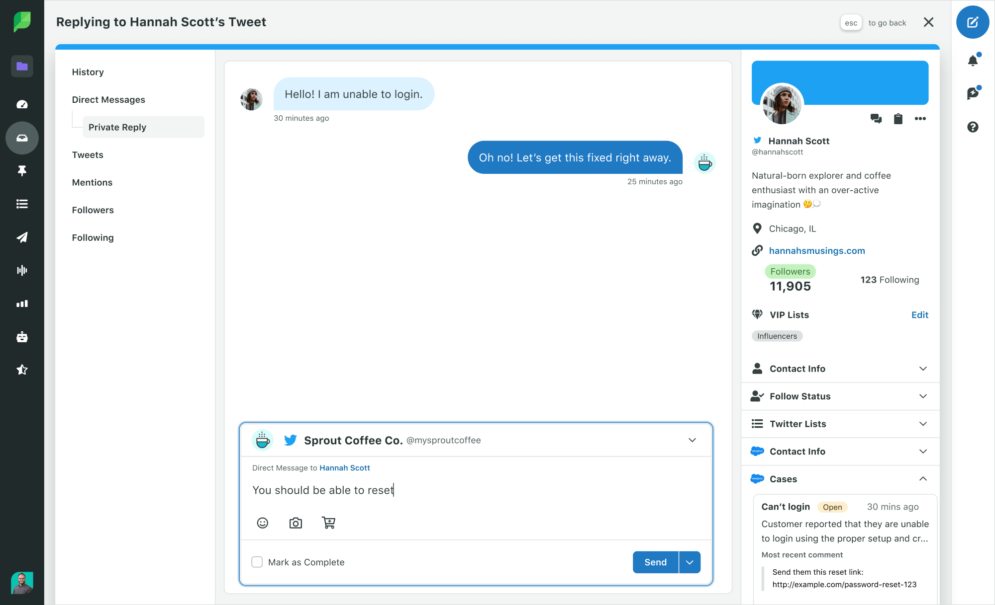 A screenshot from the Sprout Inbox of an interaction between an X user (formerly Twitter) and a brand. In the right-hand side of the screen, you can see the X user's linked Salesforce info, like past cases and contact info.