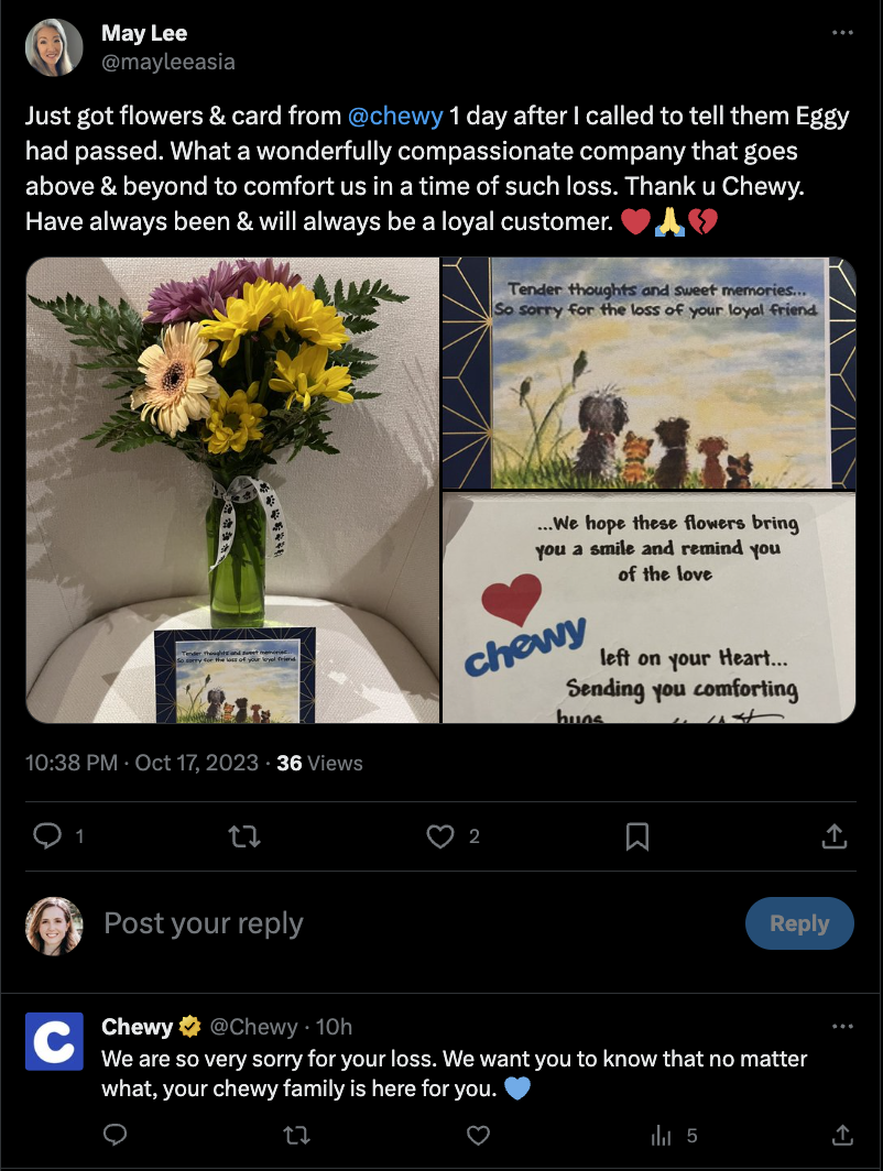 A screenshot of an exchange on X where a Chewy customer shared the flowers and note the company sent her after her furry friend passed away. Chewy responded to the post by offering their condolences.