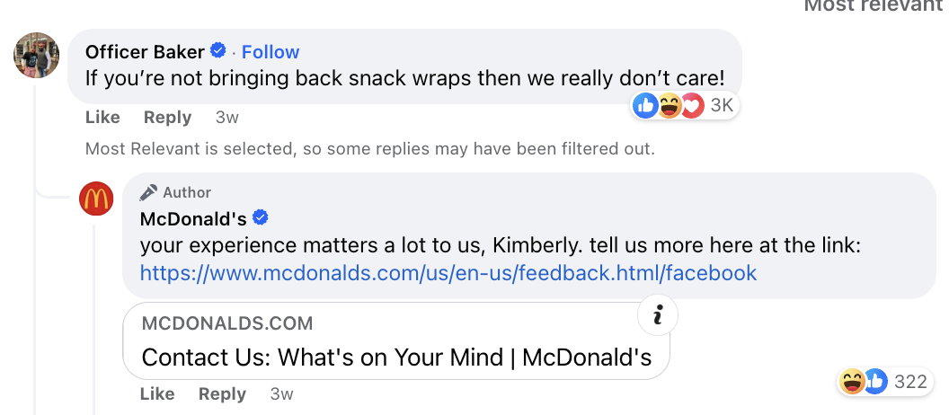 A Facebook comment on a McDonald's post that reads: If you're not bringing back snack wraps, then we don't really care. McDonald's responded by asking the user to share their feedback on a contact form.