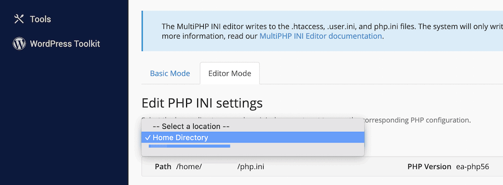 Choosing a site from within the cPanel MultiPHP INI editor.