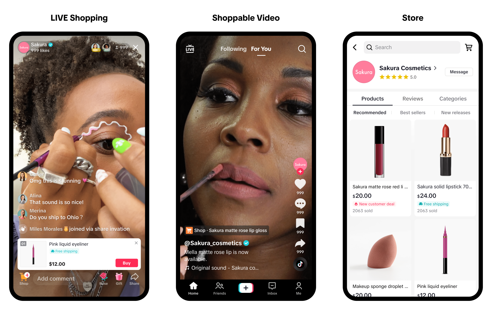 Three phone screenshots showing the LIVE Shopping, Shoppable Video, and Store features of TikTok Shop