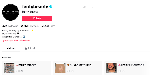 A screenshot of Fenty Beauty’s TikTok page featuring their profile description. The description reads: “Fenty Beauty by RIHANNA #CrueltyFree Shop the looks!”