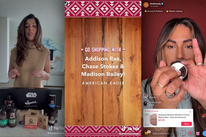 An image featuring three screenshots from different TikTok Live Shopping events. The text says Go shopping with Addison Rae, Chase Stokes and Madison Bailey.