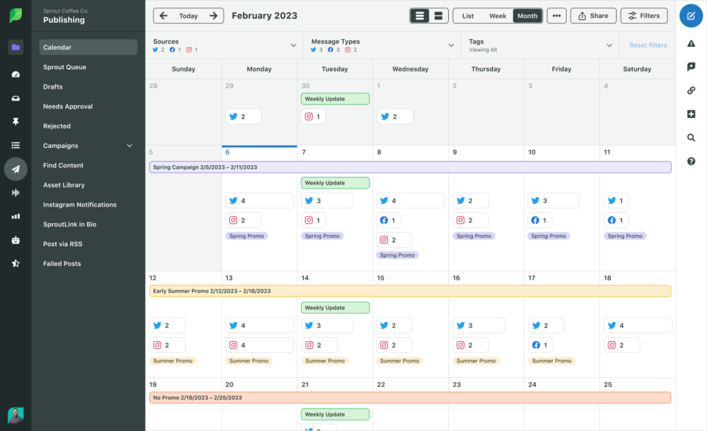 A screenshot of Sprout Social's monthly Publishing Calendar that demonstrates an at-a-glance view of a campaign.