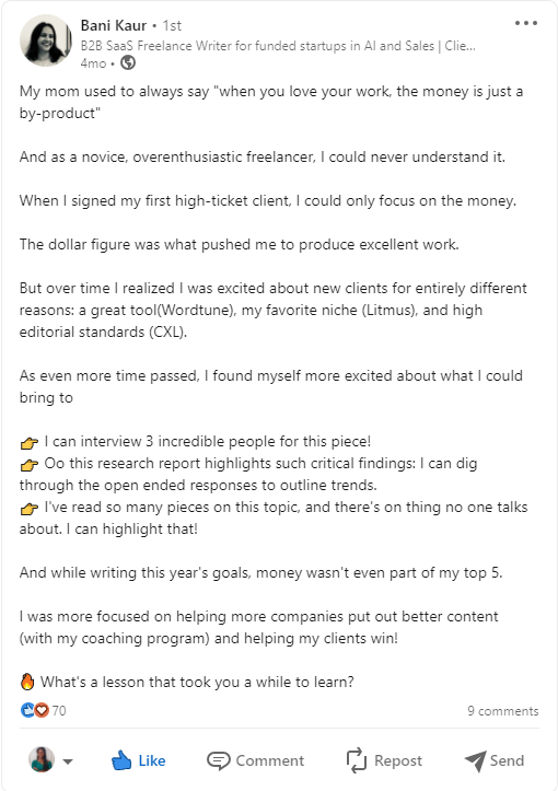Screenshot of a LinkedIn post that is a longer caption organized with bullet points, emojis and a strong CTA.