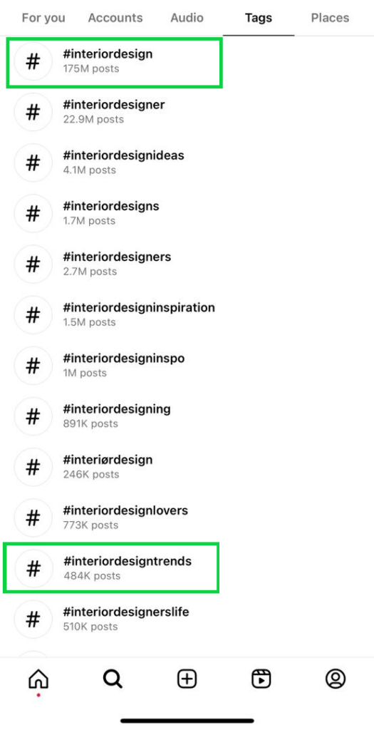 Screenshot of a list of Instagram hashtags that relate to Interior Design and the different hashtag post volume.