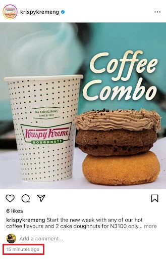 Screenshot of an in-feed Instagram post by Krispy Kreme Nigeria that was posted "15 minutes ago."
