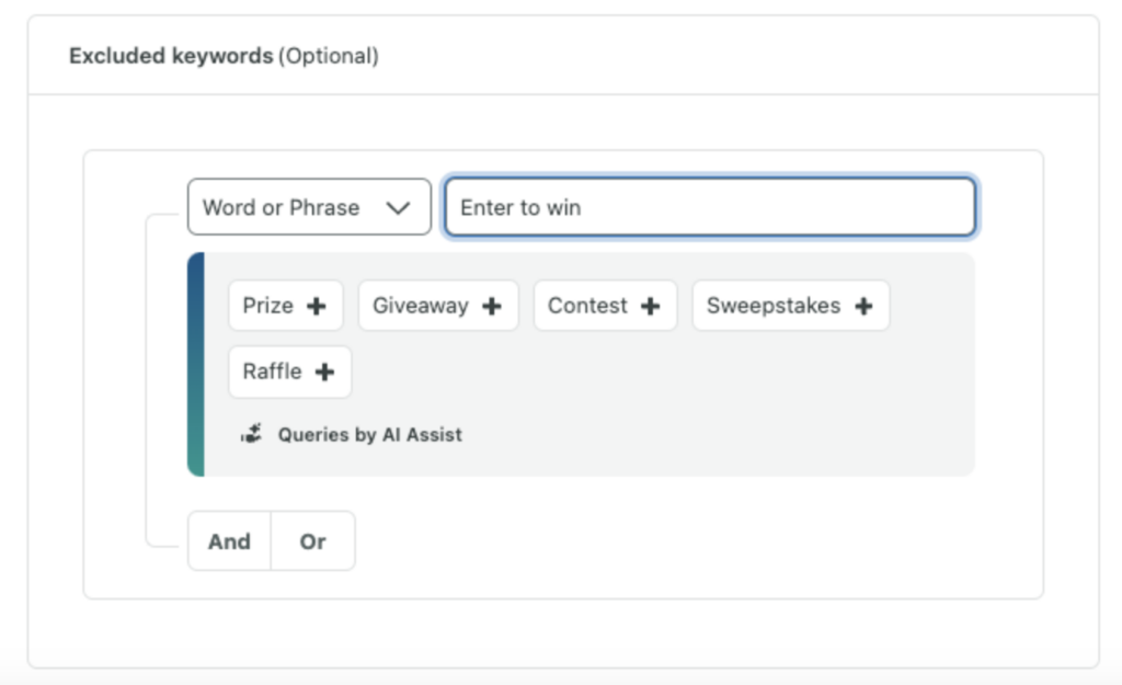 A screenshot of Sprout's Queries by Assist feature where you can exclude keywords from your listening data to reduce noise and get targeted information.
