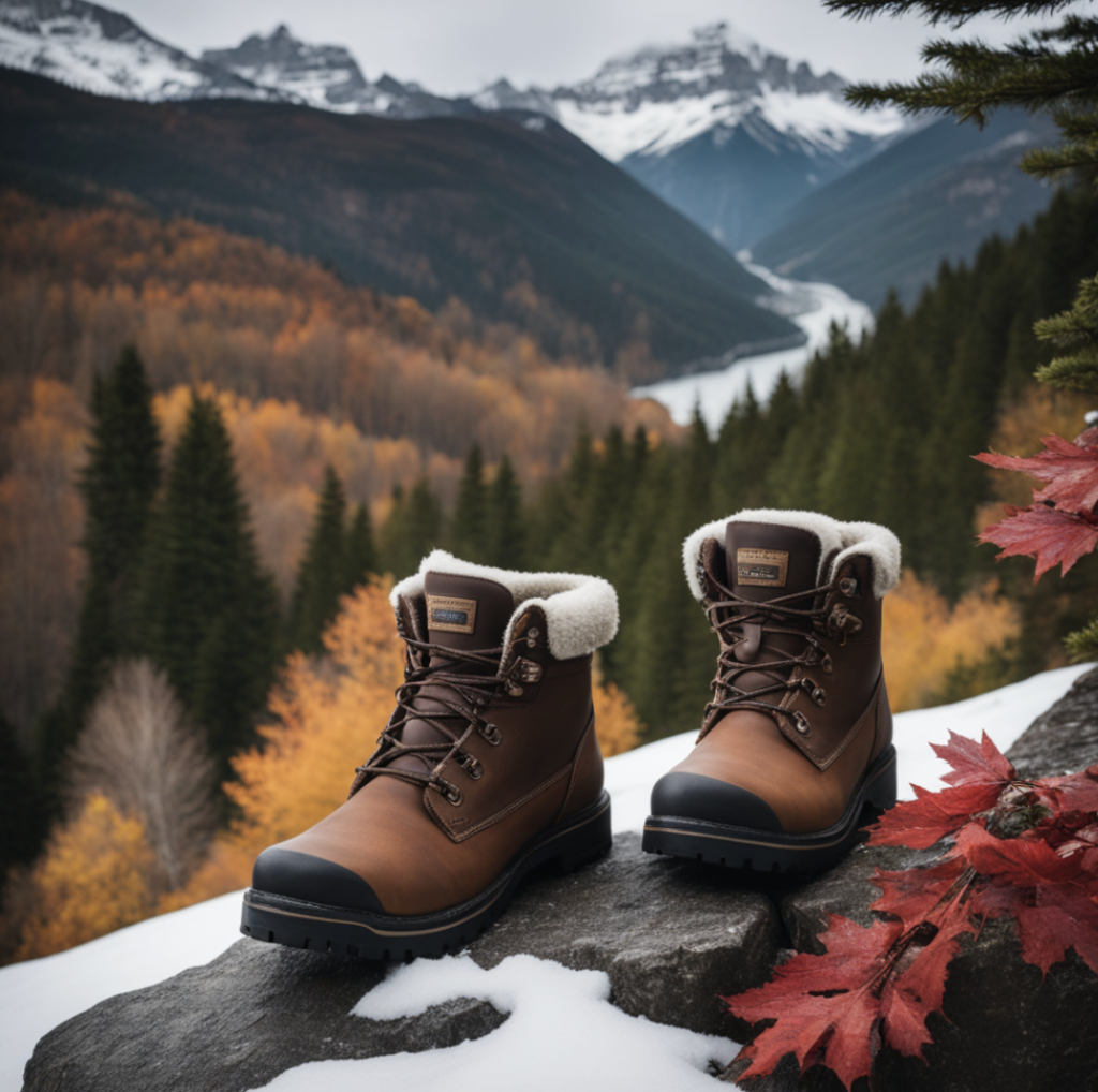 An image from a generative AI tool that shows winter boots with a winter background. The image was created using an AI art prompt that said, "Winter boots on a snowy cliff surrounded by evergreen trees and autumn leaves, in front of mountains."