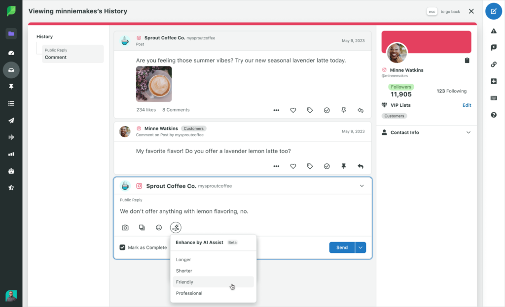 A screenshot of the AI assist feature in Sprout. Here, this AI tool is being used to fine-tune a customer care response on social by selecting a tone for the message to have.