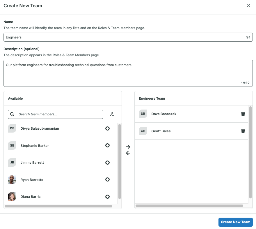 A screenshot of user teams in Sprout where a user team is being created for engineers.