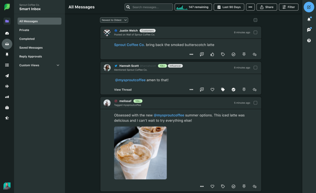 The Sprout Smart Inbox on dark mode, showing messages coming in from Facebook, X (formerly known as Twitter) and Instagram in one single feed.