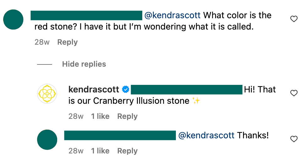 A screenshot of a conversation on a product image on Kendra Scott's Instagram. A customer asks, "What color is the red stone? I have it but I'm wondering." Kendra Scott responds, "Hi! That is our cranberry illusion stone."