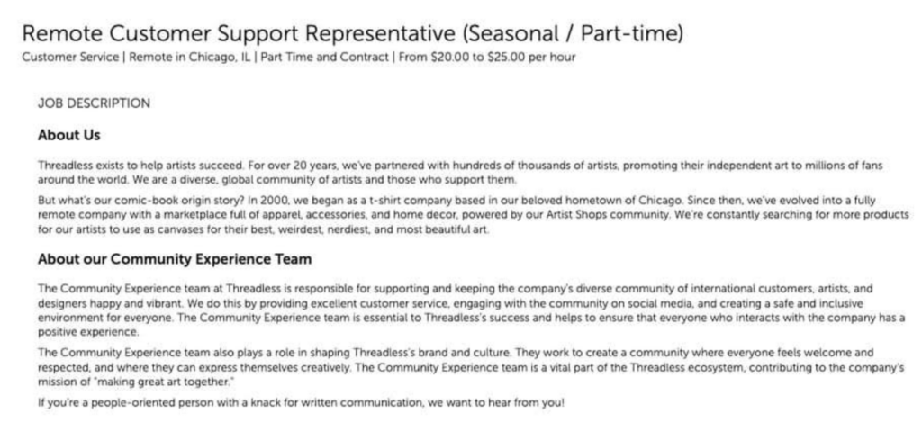 A job posting from E-commerce brand Threadless asking for a seasonal remote customer support representative.