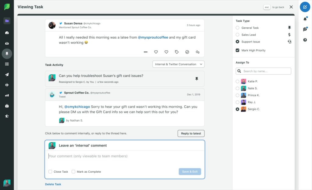A screenshot of a Task in Sprout Social. A customer comment is open at the top of the screen, and the message has been assigned to another customer care agent to answer. There's an internal comment left that reads, "can you help troubleshoot Susan's gift card issue?"