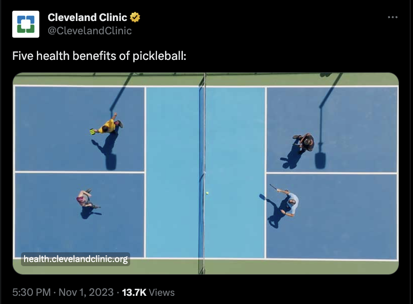 A screenshot of a Post on X from the Cleveland Clinic. The Post reads: Five health benefits of pickleball, and links to a relevant article. Attached to the Post is an image of four people playing the trending game on a pickleball court.