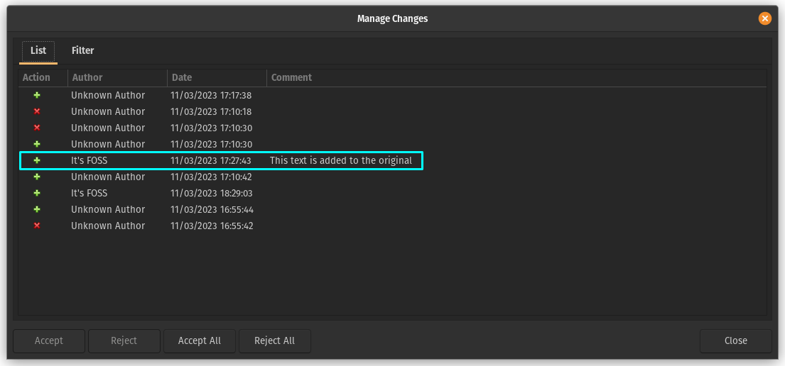 View Track Change Comments in Manage Changes dialog box
