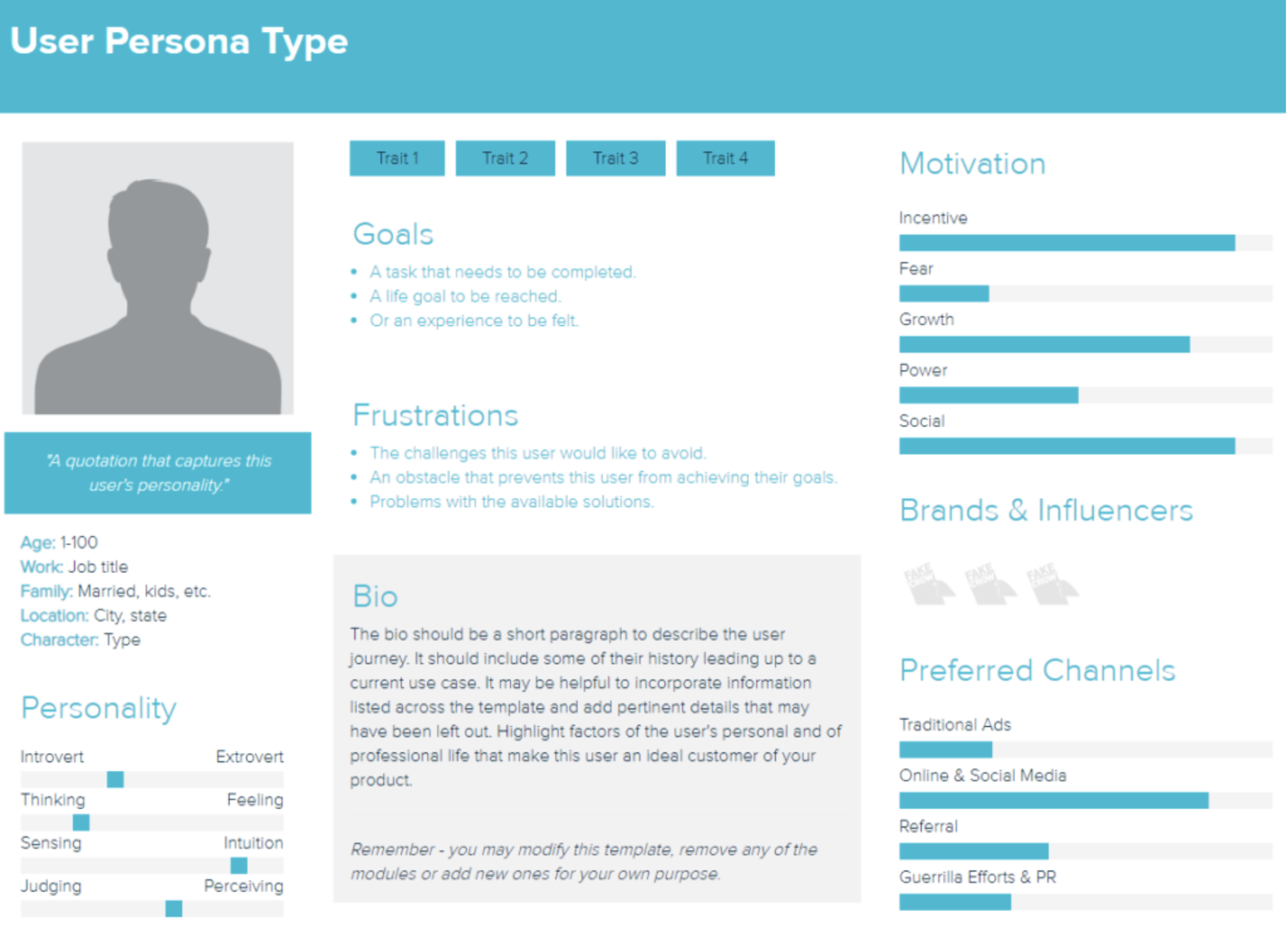 Example of a user persona type. The image different information like bio, frustrations, motivation and preferred channels.