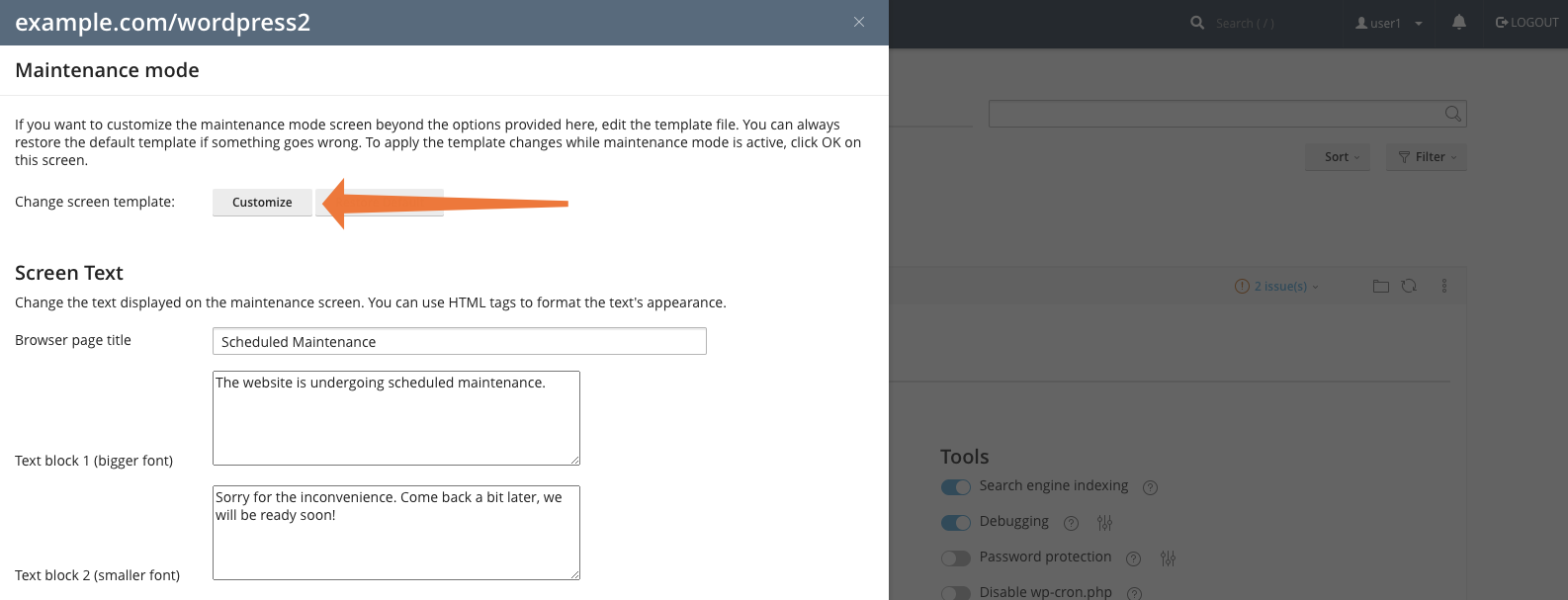 WP Toolkit for cPanel Customize Maintenance Mode