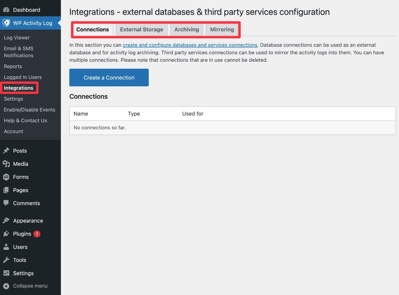 WP Activity Log external logging options