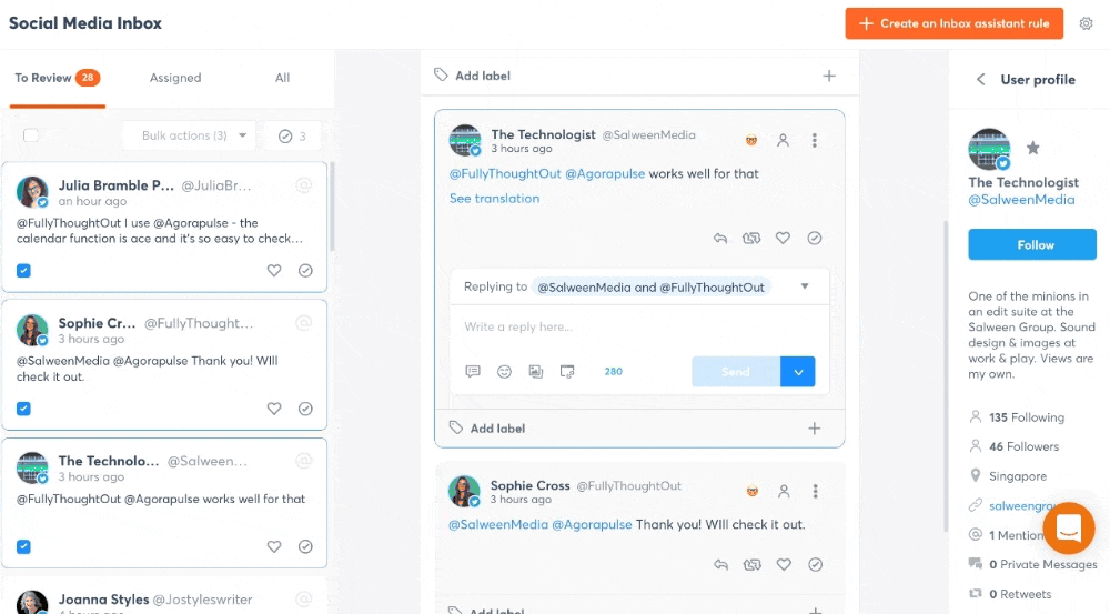 Animated GIF of Agorapulse's social mention labels in action.