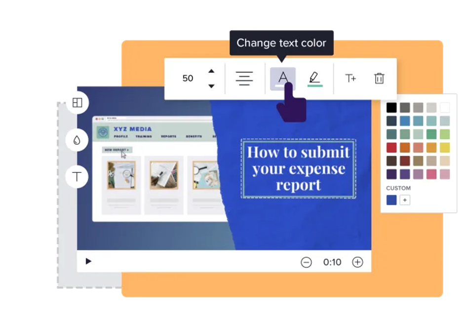 sample presentation on animoto titled "how to submit your expense report" and a thumb cursor selecting the option to change text color