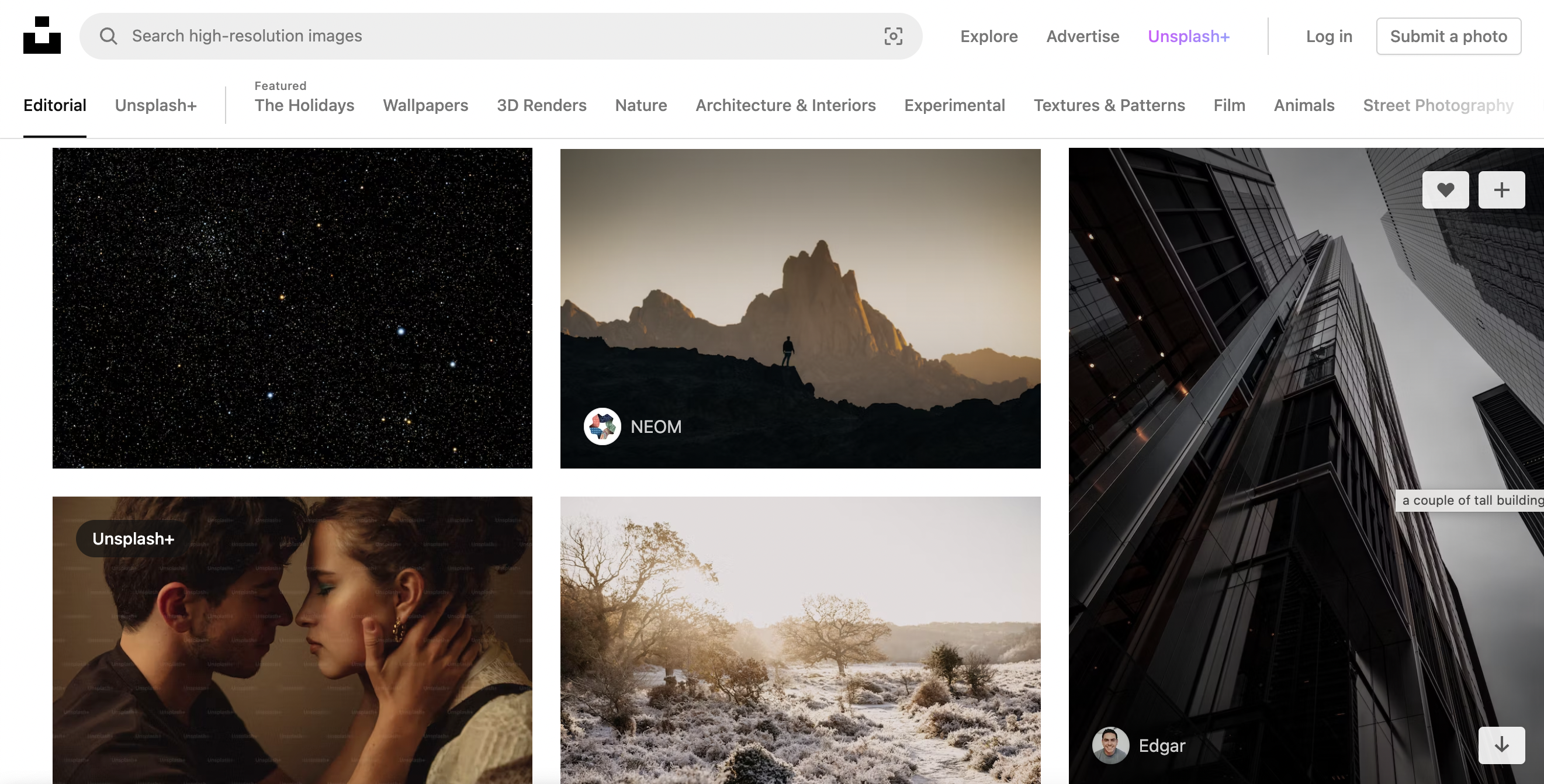 Unsplash search window with several sample stock images shown below