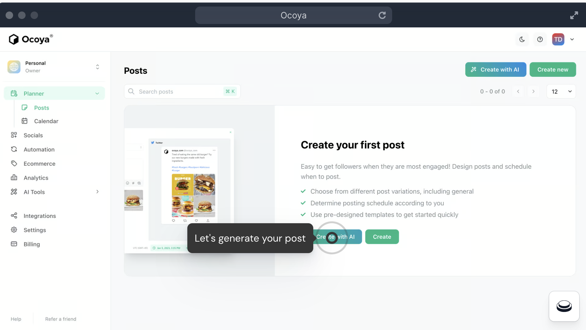 ocoya window inviting you to "create your first post" and a cursor highlighting the button to "Create with AI"