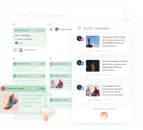 coschedule calendar with an expanded view of a "Social Campaign" and a few content cards below