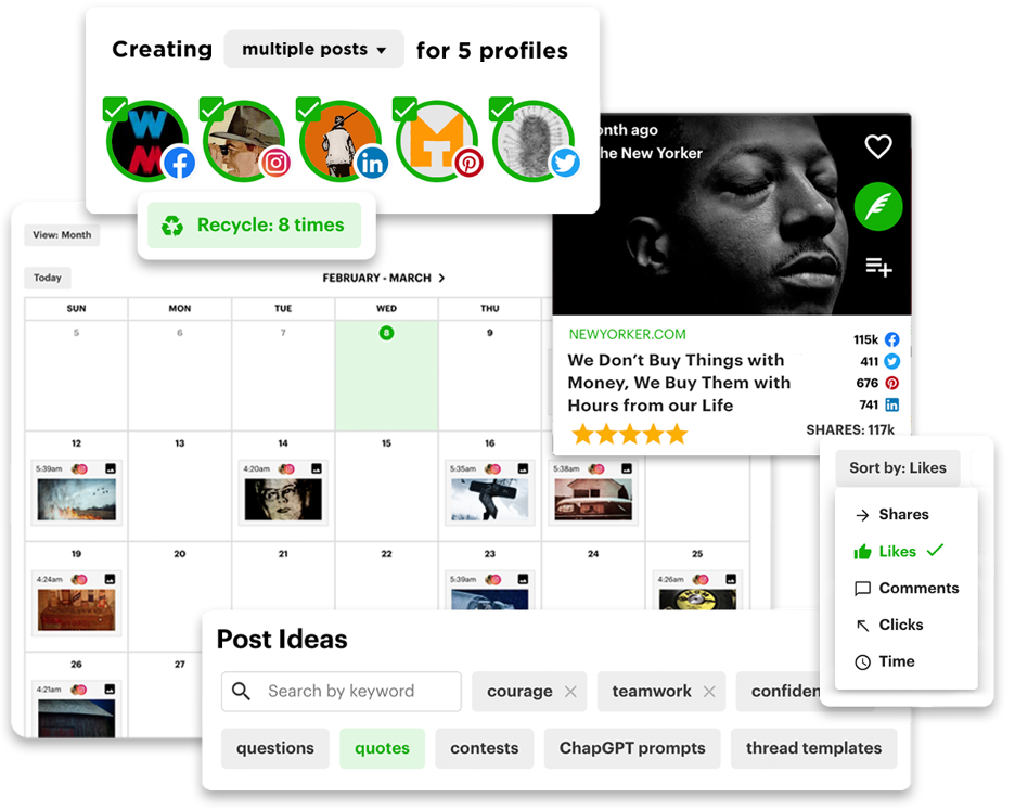 postplanner calendar with a few posts selected and set to recycle 8 times and a smaller window below showing post ideas