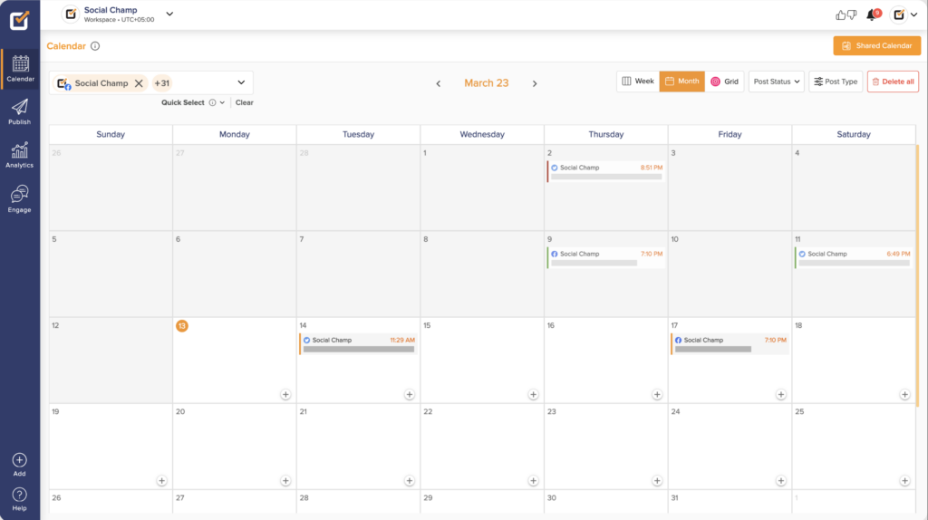 A screenshot of Social Champ's publishing calendar.