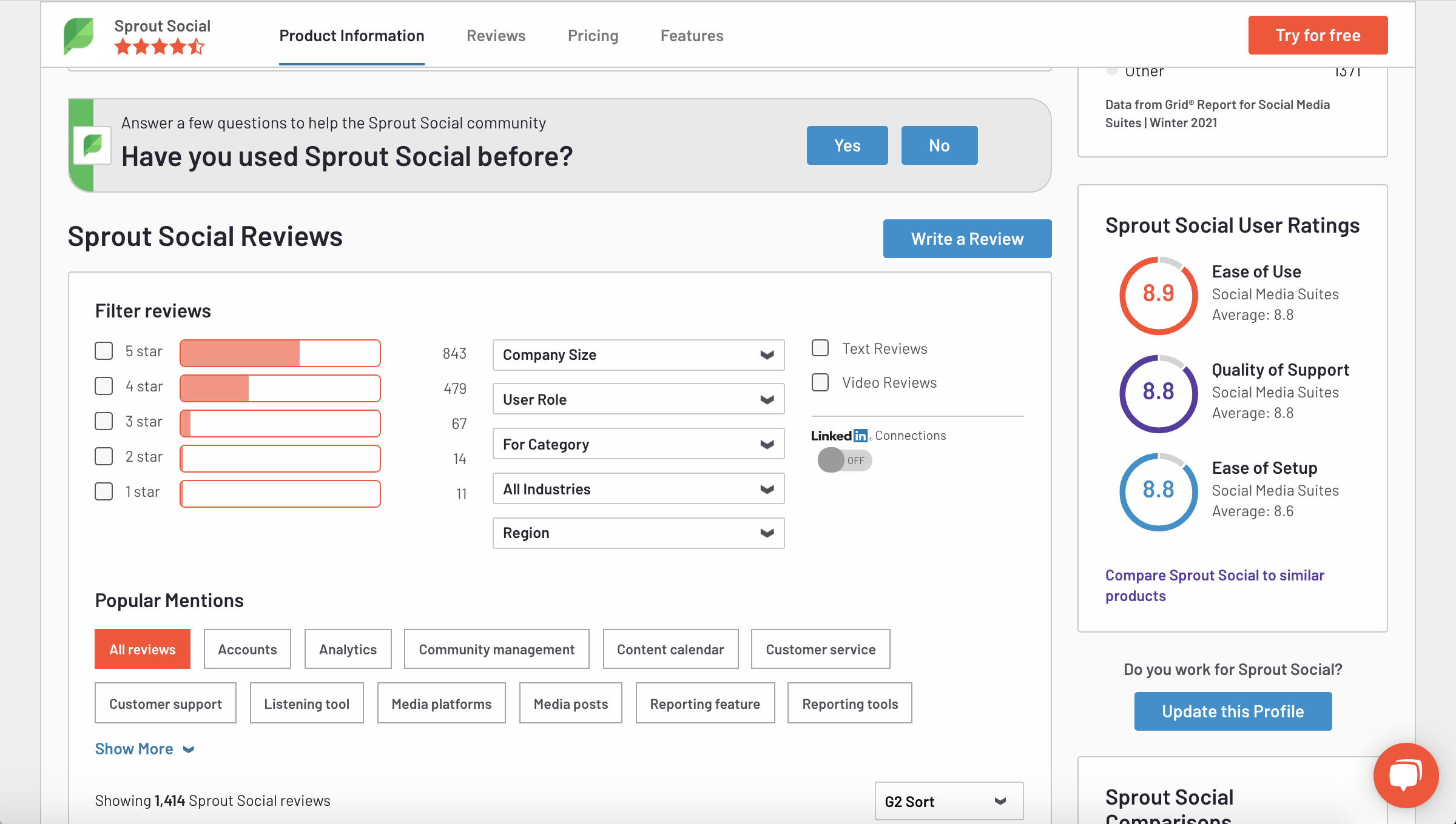 Sprout Social's G2 Reviews Profile that shows user ratings on different parameters, review filters and popular mentions of Sprout capabilities such as social listening, analytics, community management and others.