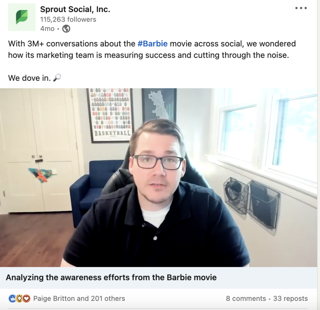 A screenshot of a Linkedin video of Sprout's social listening tool in action, as it cuts through three million social conversations to extract only those relevant to hashtag Barbie.