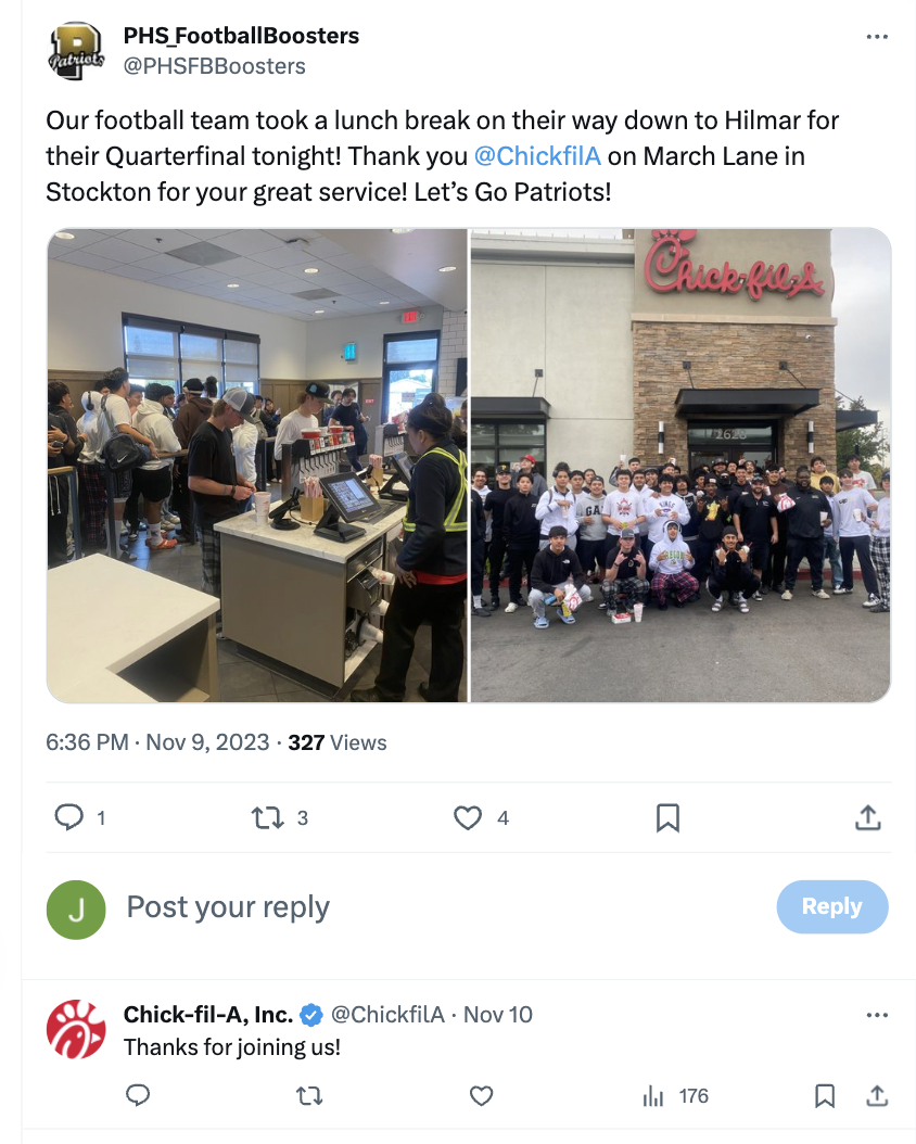 A high school football team booster club thanking their local Chick-fil-A for their great service on X. The brand responds by thanking the team.