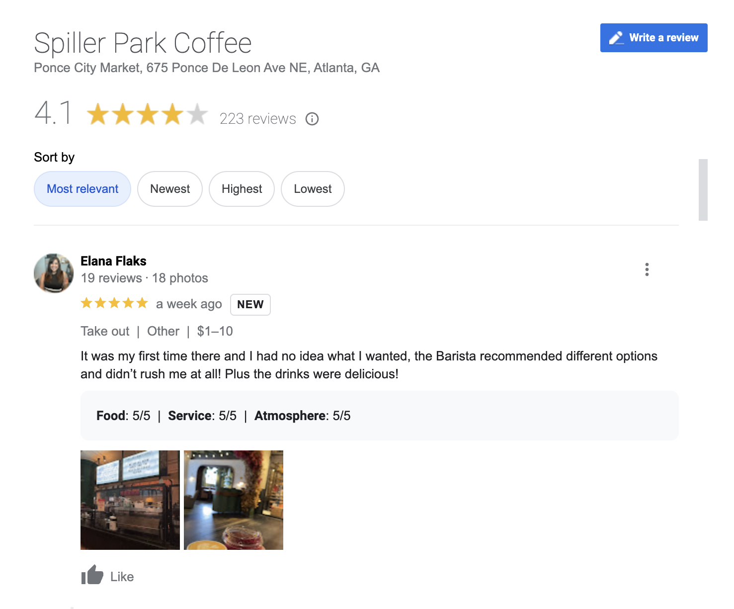 A customer giving positive feedback to Spiller Park Coffee via Google Reviews. The customer said it was their first time, the barista was patient and the drinks were delicious.
