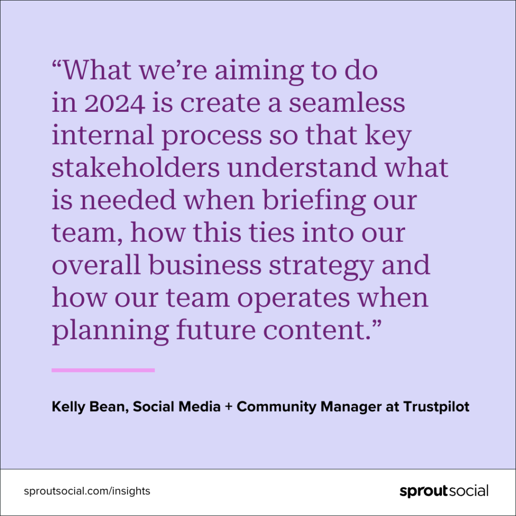 A purple graphic with a quote that reads, “What we’re aiming to do in 2024 is create a seamless internal process so that key stakeholders understand what is needed when briefing our team, how this ties into our overall business strategy and how our team operates when planning future content.” by Kelly Bean, Social Media + Community Manager at Trustpilot.