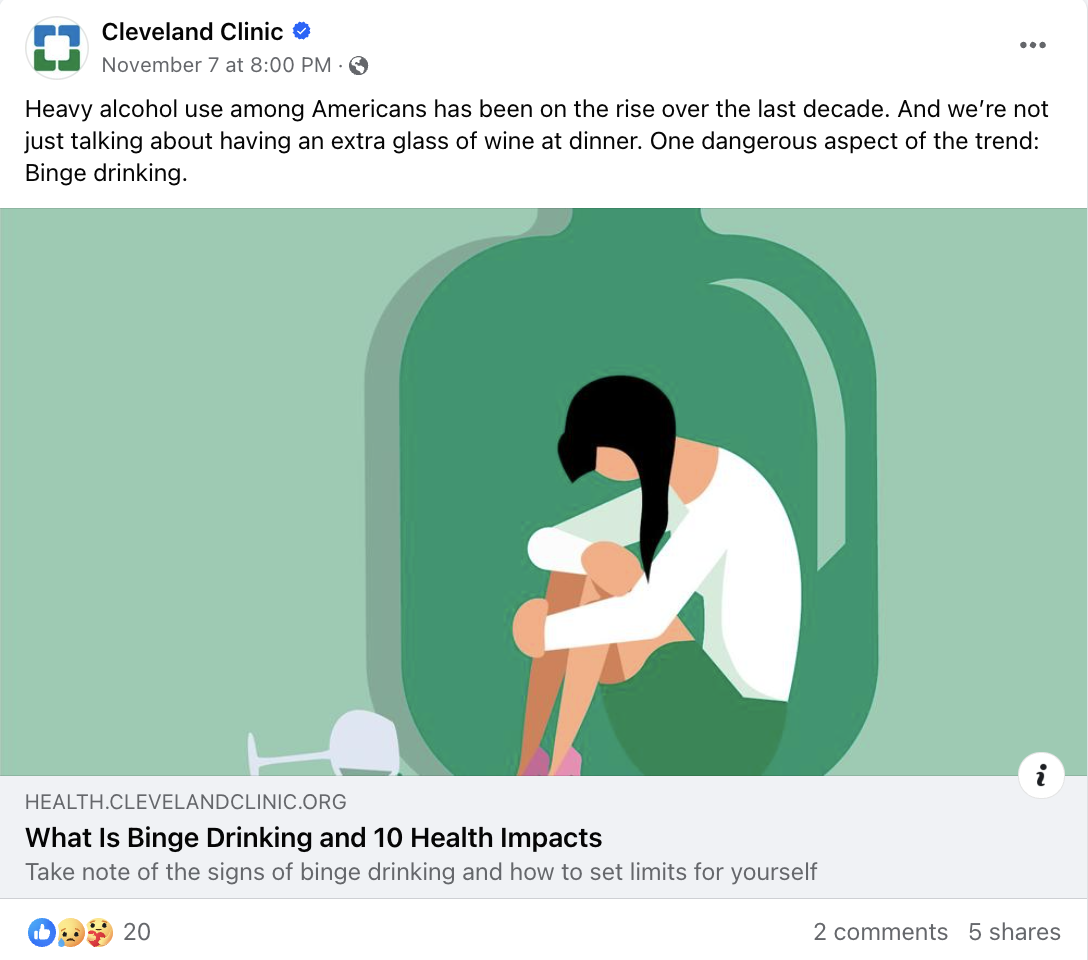A screenshot of a Facebook post by Cleveland Clinic about heavy alcohol use among Americans. The post links to an article about the health impacts of binge drinking. 