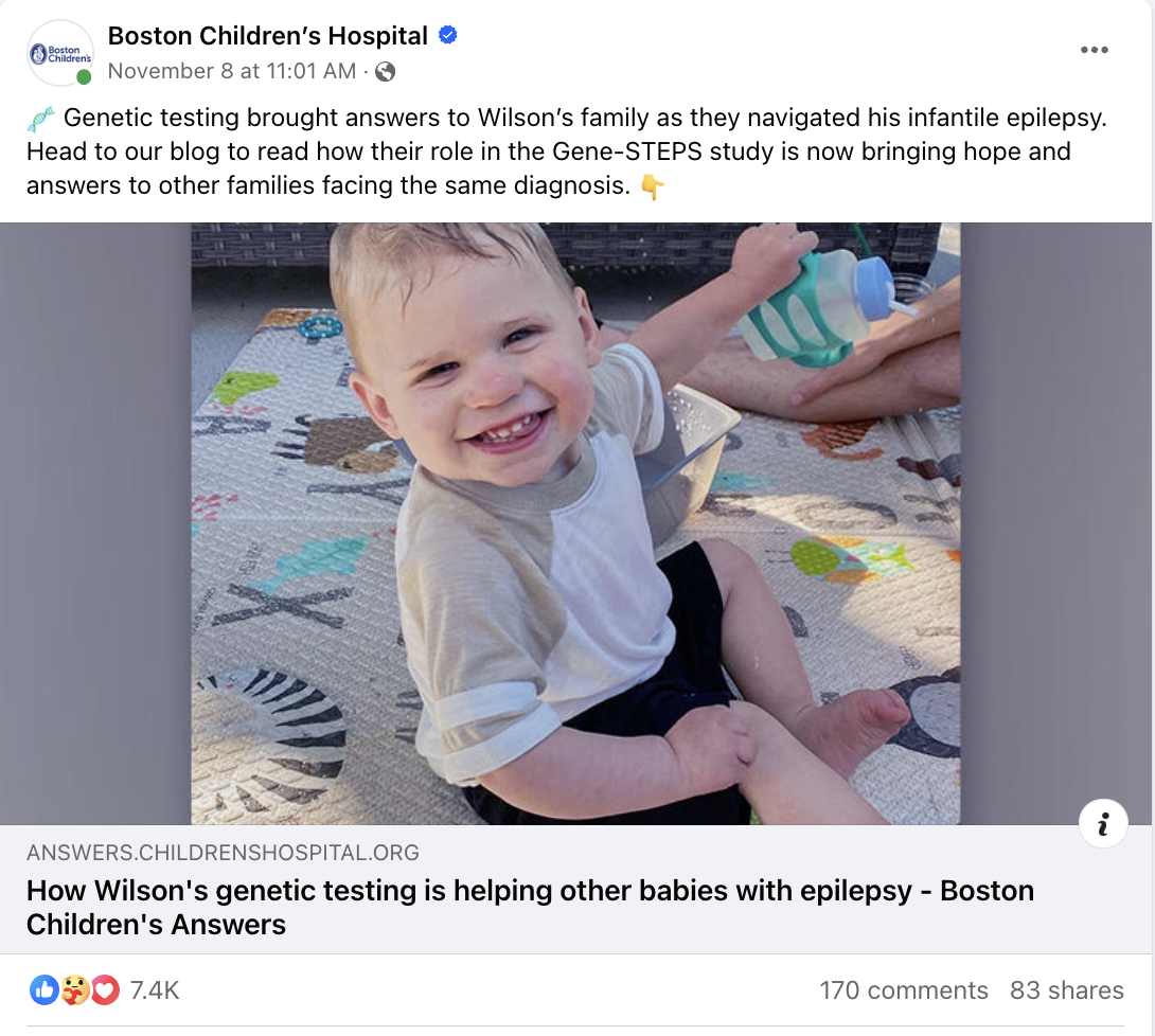 A screenshot of a Facebook post by Boston Children's Hospital. The post reads: Genetic testing brought answers to Wilson's family as they navigated his infantile epilepsy. The post links to a blog about baby Wilson's genetic testing journey. 
