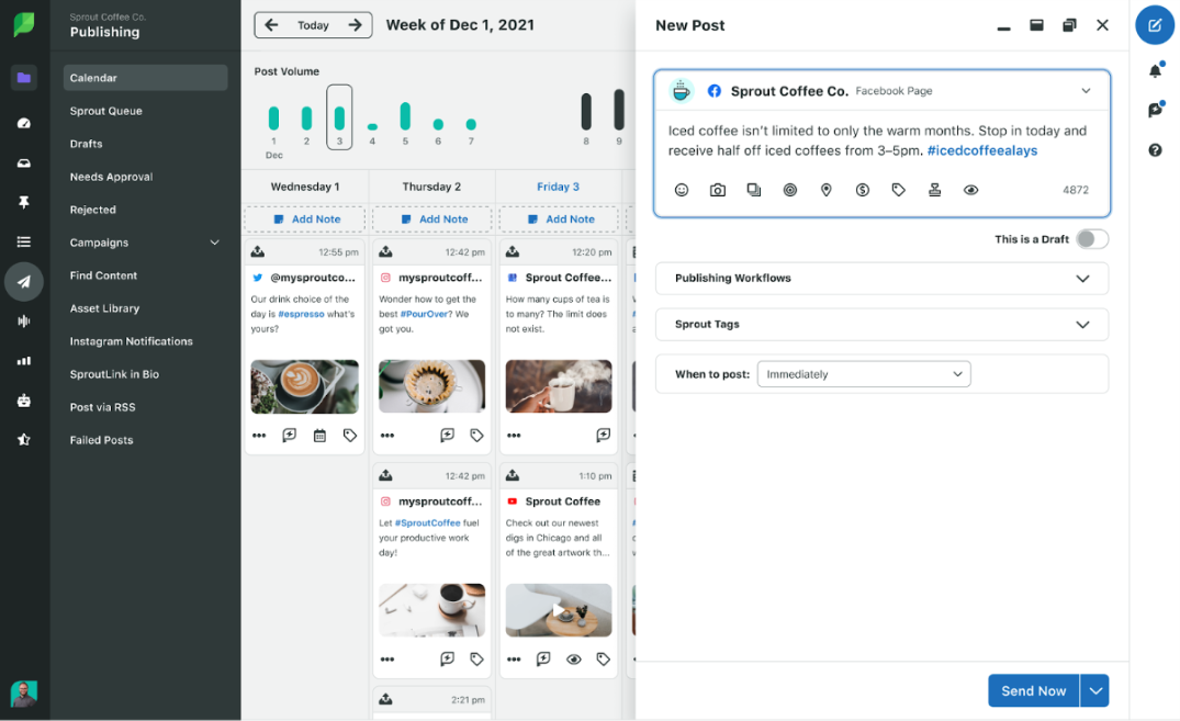 A preview of Sprout Social’s publishing dashboard showing a new post and a content calendar.