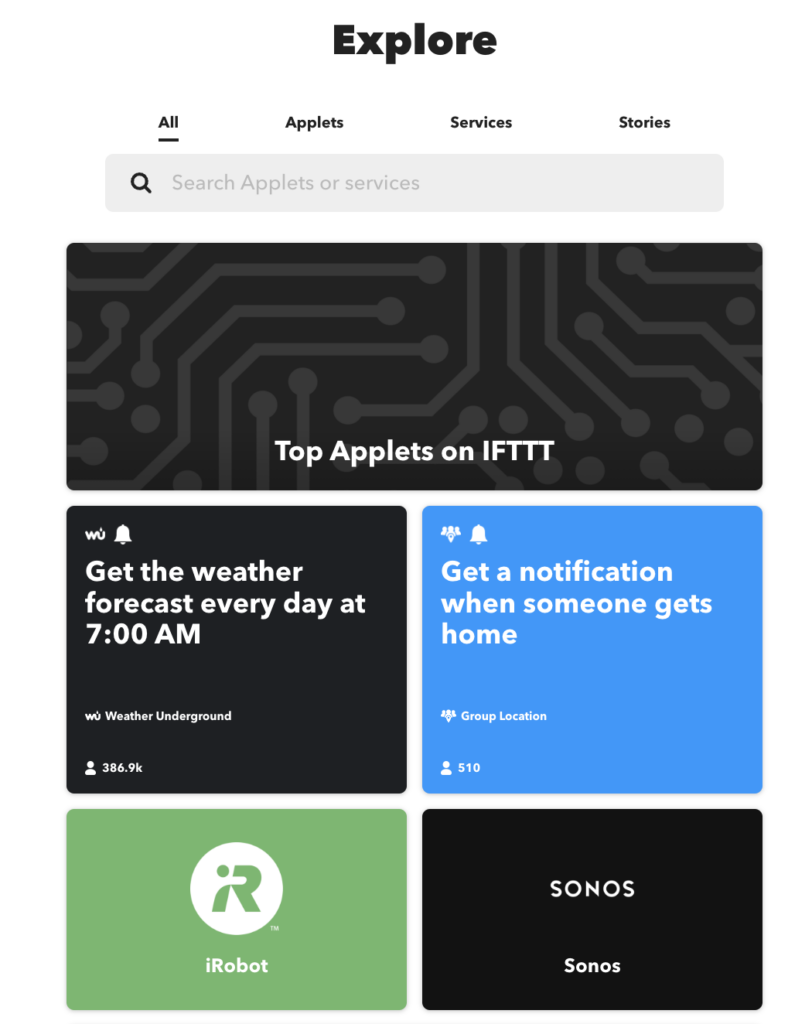 A screenshot of IFTTT that shows all your apps and services in one place.