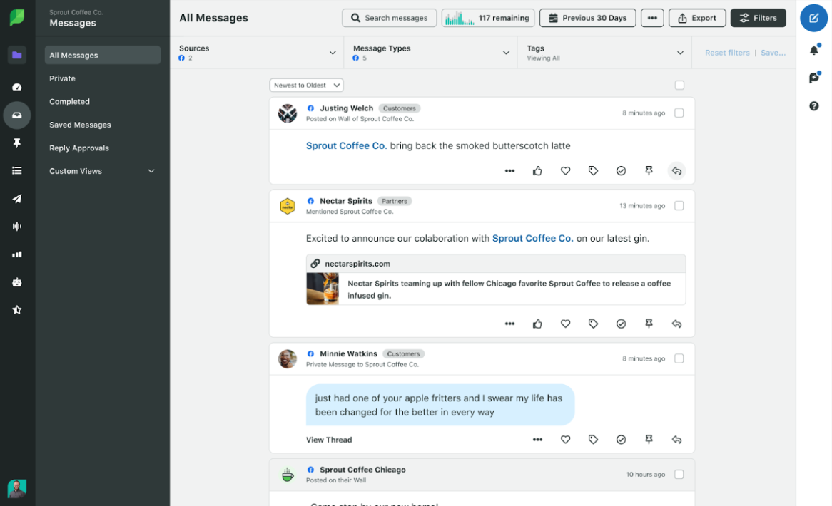 A preview of Sprout’s Smart Inbox where you can search for messages, filter by date and view threads.