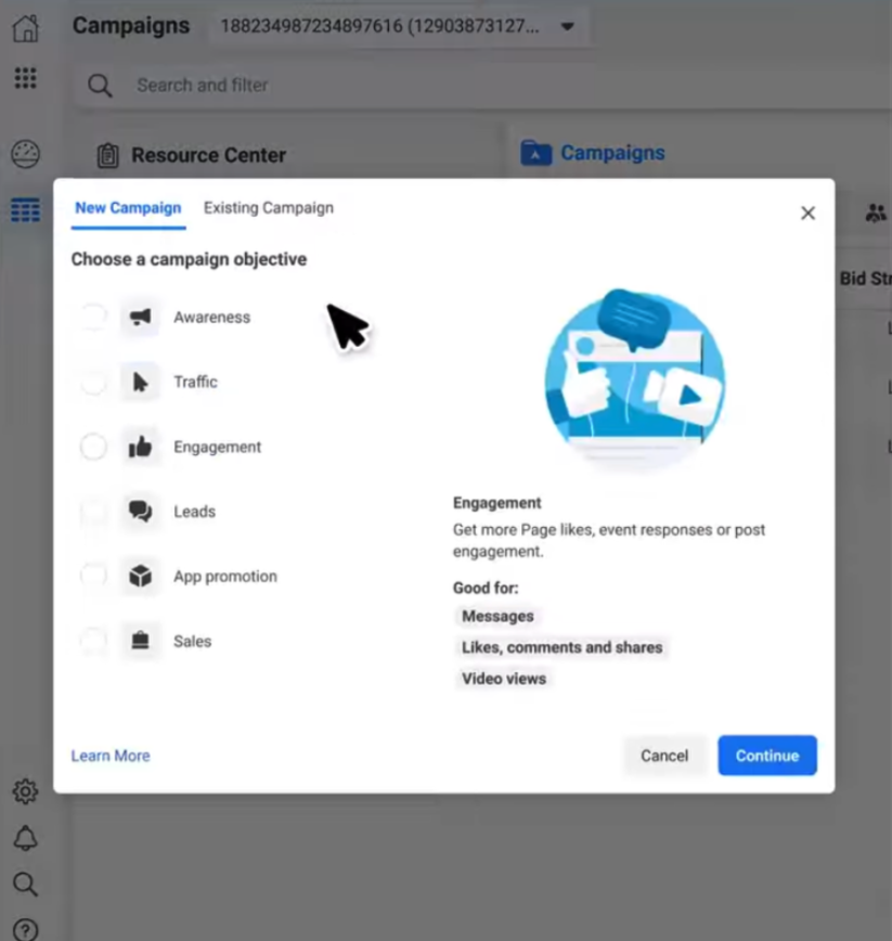 A preview of Facebook Ads Manager while setting up a new campaign.