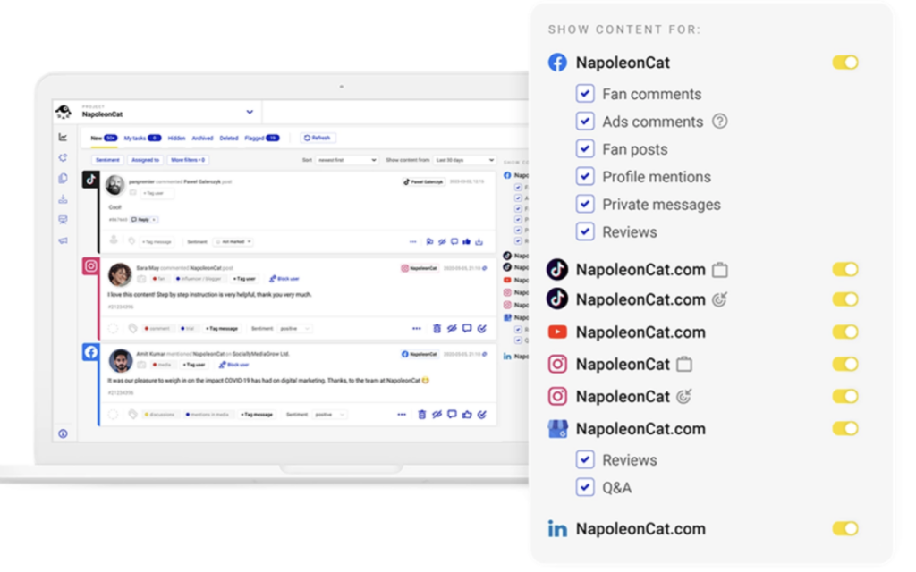 Image of NapoleanCat's dashboard where you can moderate all comments and messages across multiple social media platforms and accounts.