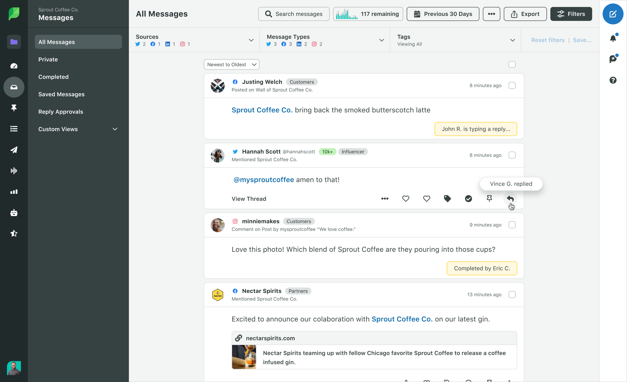 A screenshot of the Smart Inbox in the Sprout Social platform. In the screenshot, you can see all incoming messages and mentions aggregated into a single stream. You can also see which agents are currently working on each reply, which helps prevent collisions. 