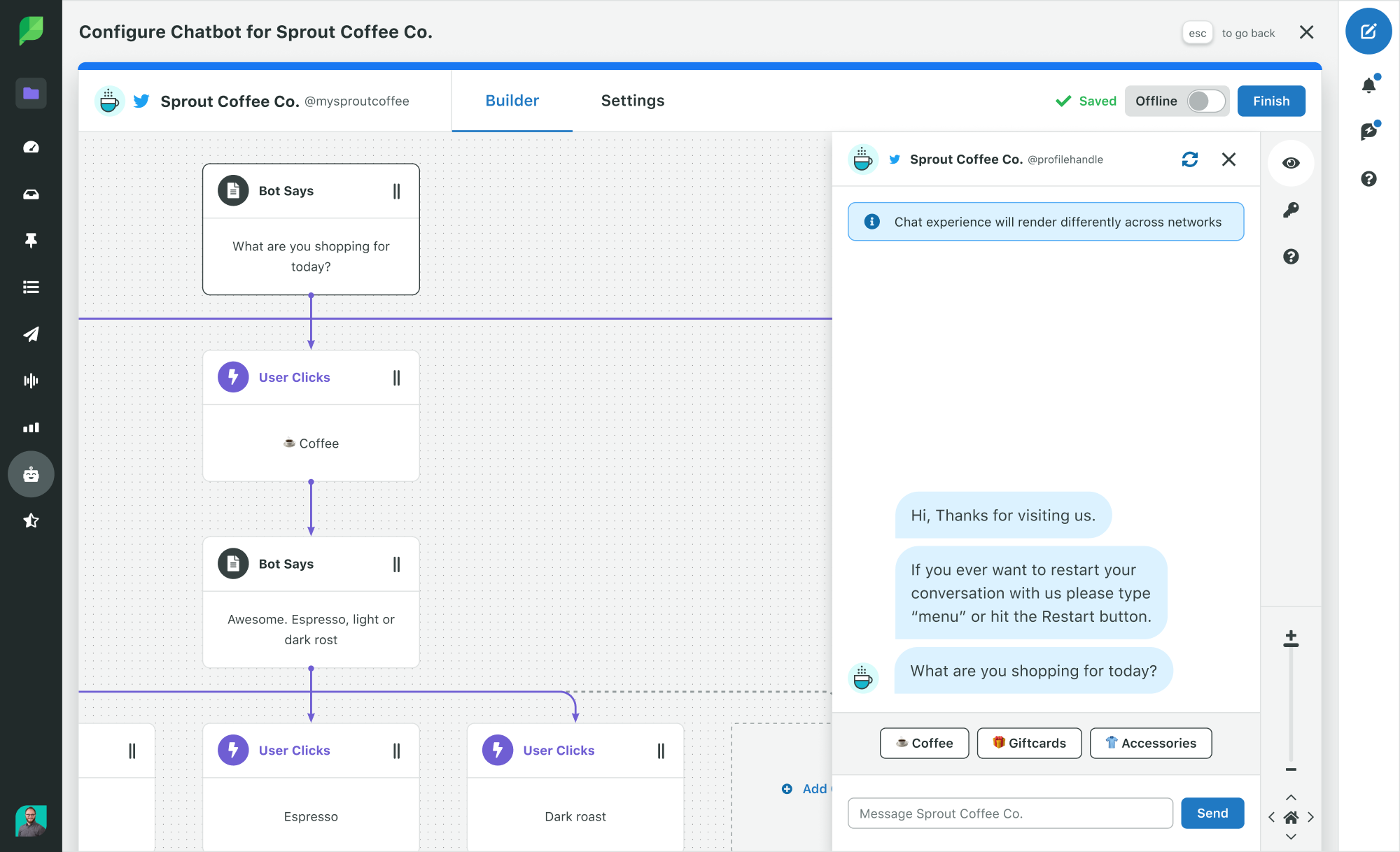 A screenshot of Sprout Social's chatbot building tool. In the screenshot, you can see prompts for inputting how the bot will greet network users and how it will respond to their messages. There is also a preview of what the bot will look like once it's set up. 